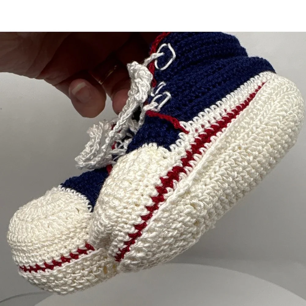 Handmade Crochet Baby Shoes High Top Sneaker Navy Blue White‎ Red Baby Shower